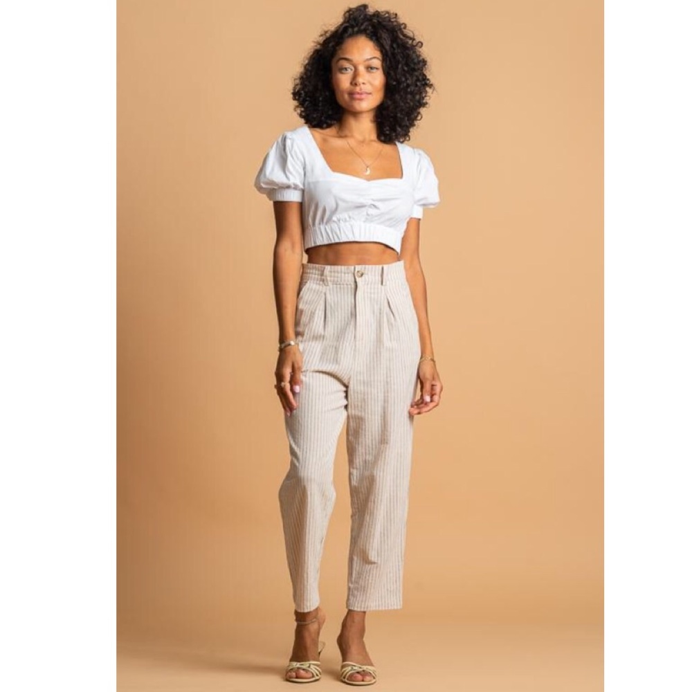 Beige pinstripe straight leg pant